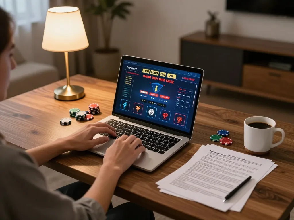 Player strategizing on vipwin during online casino session in a cozy home setup