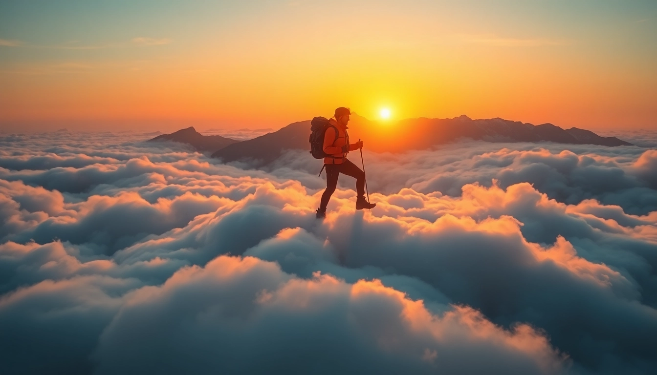 Hiker walking on clouds at sunrise, embodying the spirit of adventure with vibrant gear.