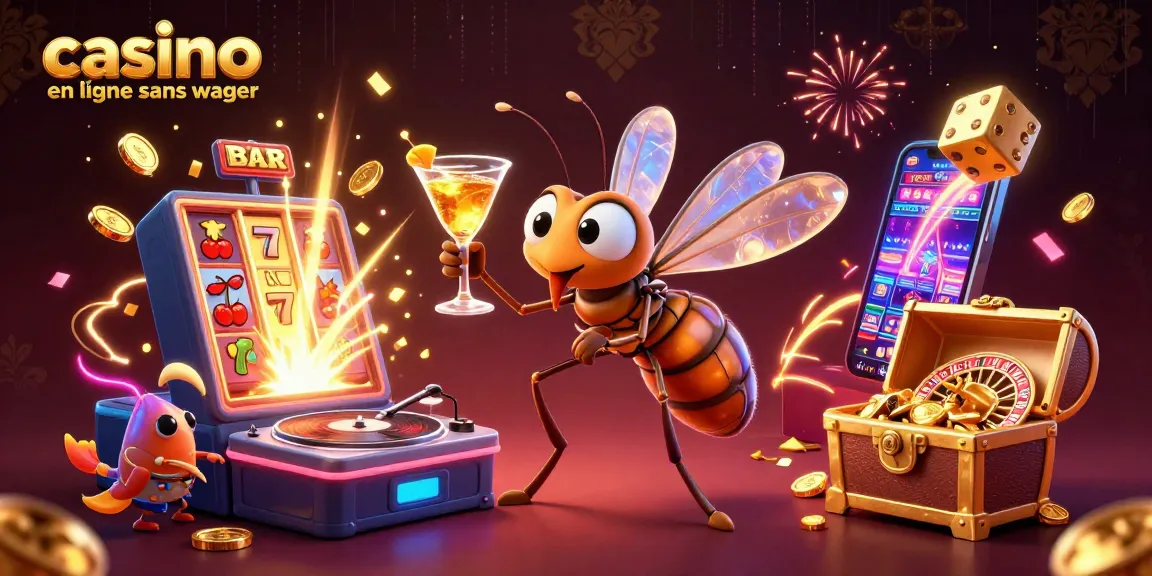 Illustration dynamique d'un casino en ligne sans wager avec une ambiance de fête et des effets visuels captivants.