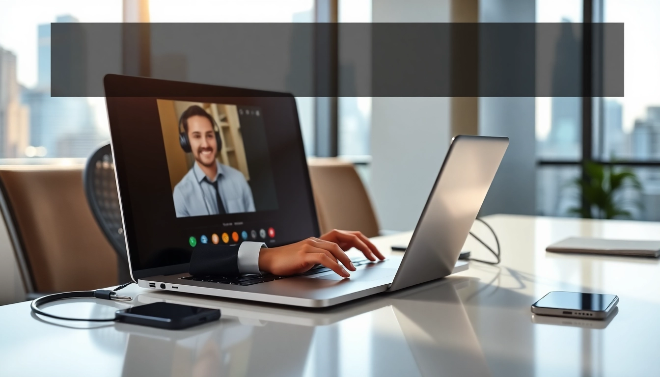 Engaging scene showing remote call control in action, with a person on a video call in a professional setting.