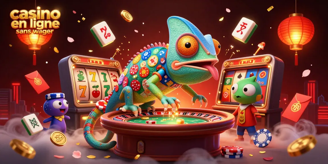 Un chameleon propriétaire de casino en ligne sans wager attrape des pièces d'or avec sa langue dans une illustration 3D vibrante.