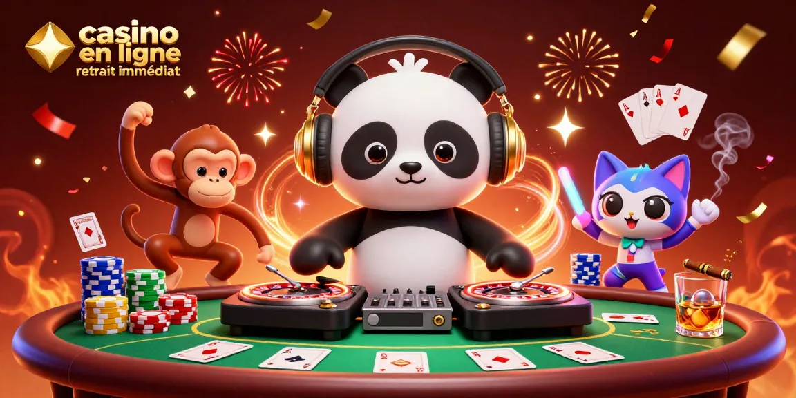 Vivre l'excitation du casino en ligne retrait immédiat avec le panda DJ et ses amis dans une soirée animée.