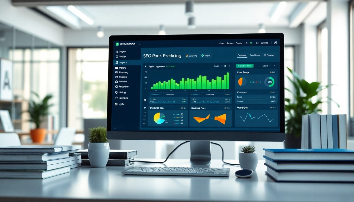 Analyze SEO Rank Tracker data in a modern digital marketing workspace filled with analytics.