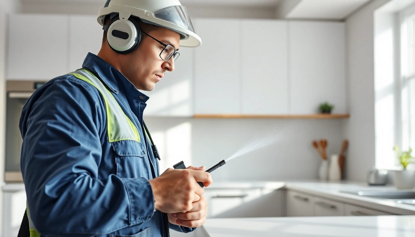 Cockroach infestation treatment being applied by a technician in a modern kitchen setting.