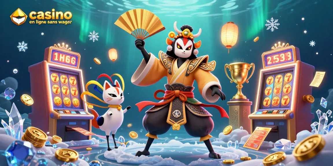 Découvrez l'univers du casino en ligne sans wager avec des personnages colorés comme un guerrier kabuki et des éléments de jeux captivants.