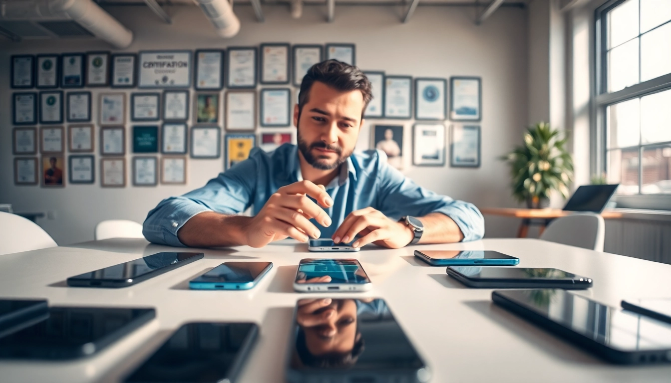 Cash for phones Bryant AR service with professional buyer evaluating smartphones in a bright office.