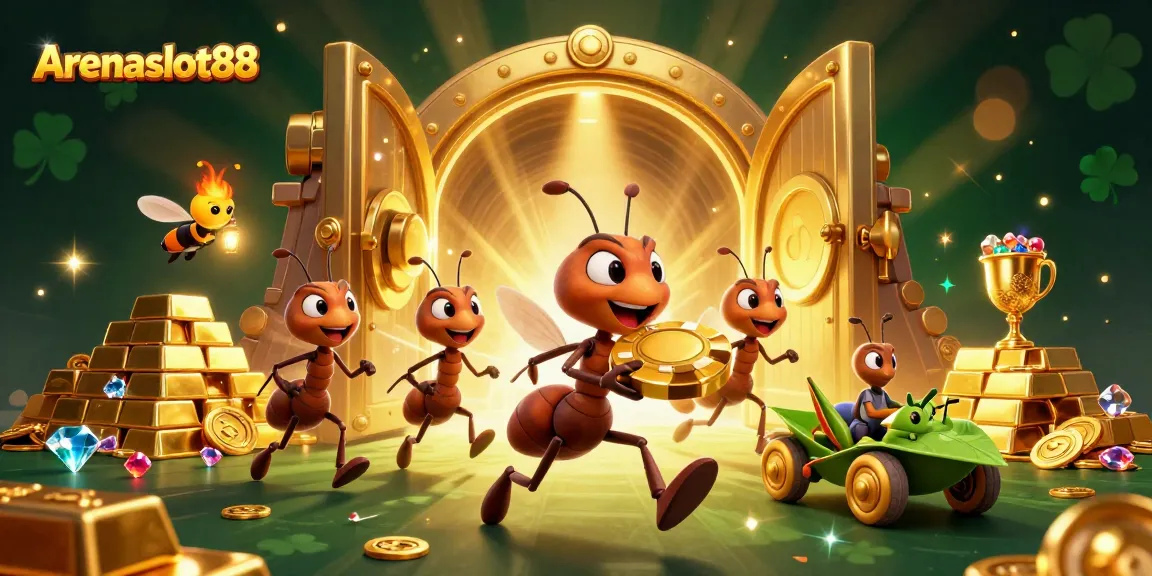Arenaslot88 features an adventurous heist with ants and treasures in a vibrant casino theme.