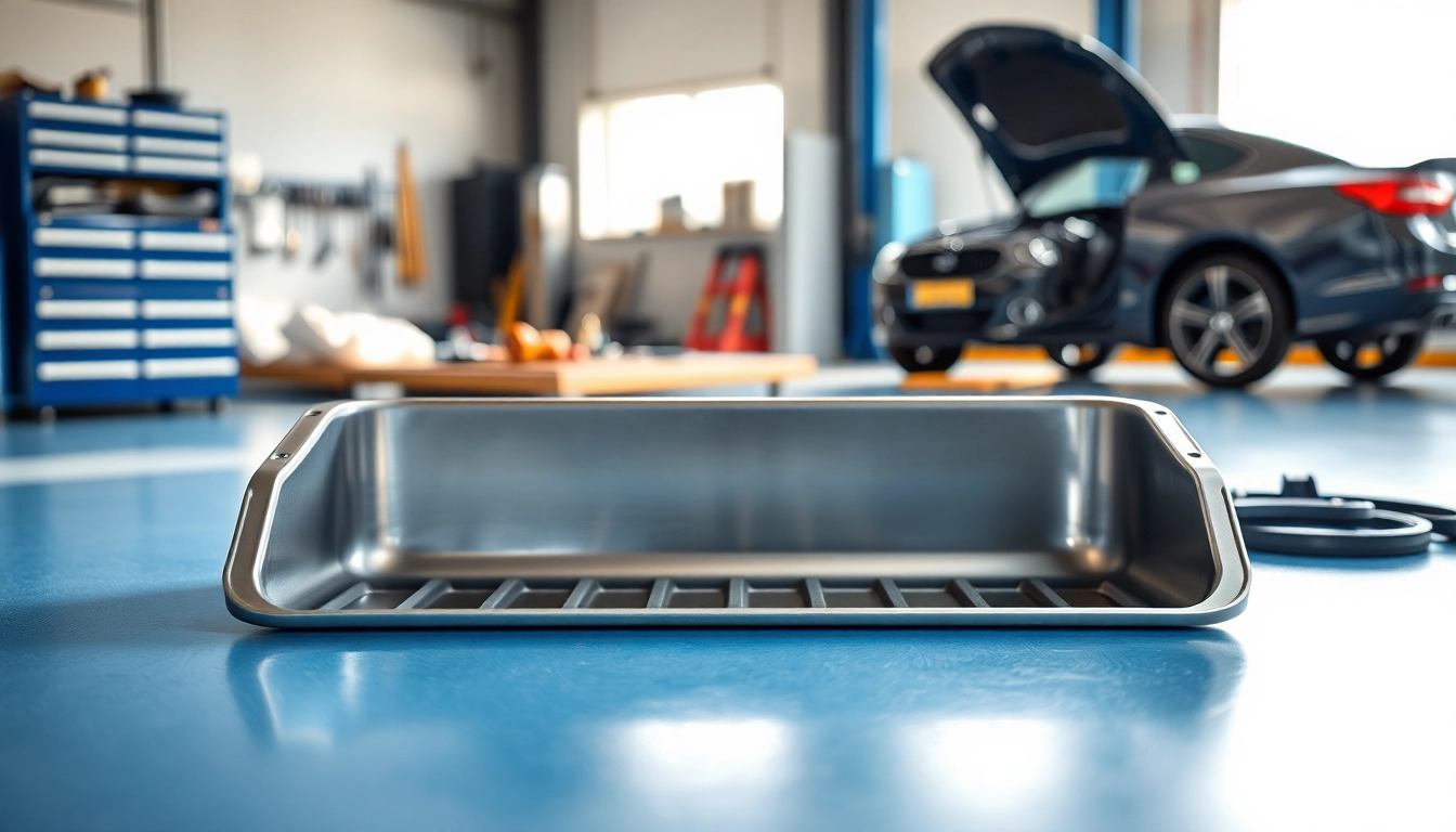 Oil Drain Pan showcased in a professional garage, highlighting its durability and design.