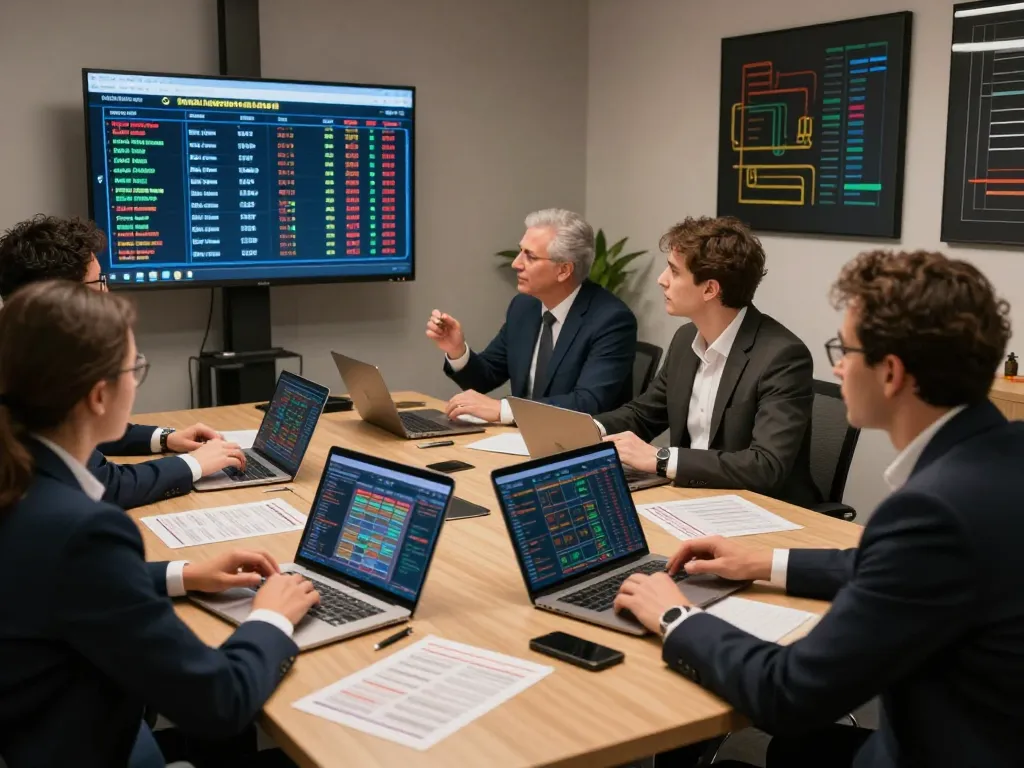 Keonhacai sports betting analysis with professionals evaluating odds and strategies in a modern office.