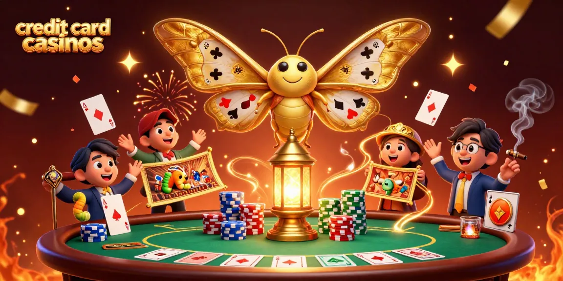 Engaging scene illustrating credit card casinos with vibrant poker elements and an enchanting atlas moth.
