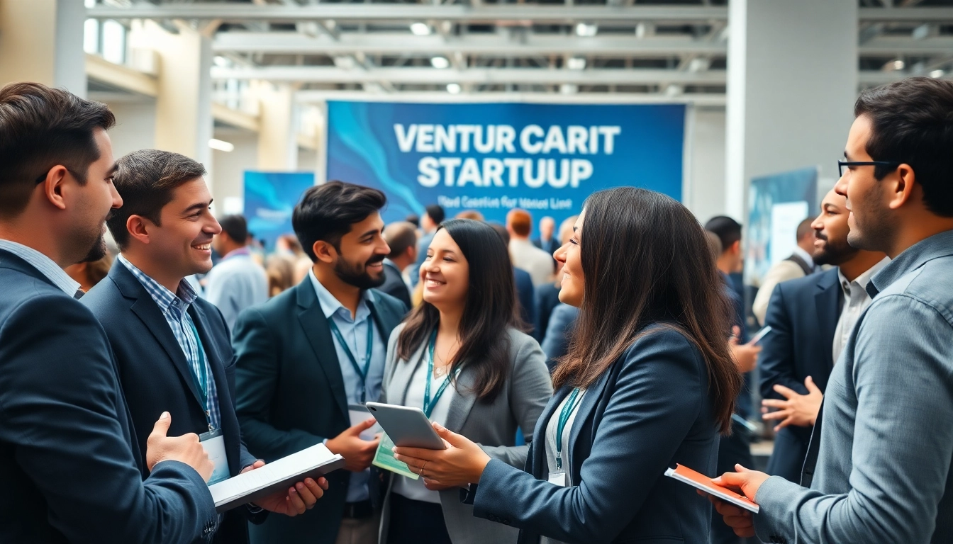 Engaged attendees at a venture capital and startup conference discussing ideas and opportunities.