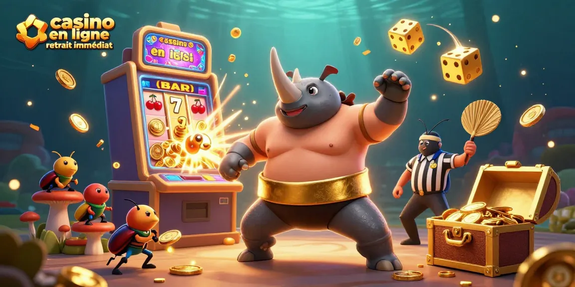 Illustration de casino en ligne retrait immédiat avec un rhinocéros guerrier envoyant des pièces d'or à travers le champ de jeu.