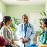 Engaging health professional discussing Health with diverse patients in a welcoming clinic environment.