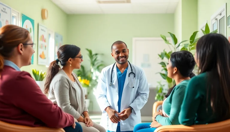 Engaging health professional discussing Health with diverse patients in a welcoming clinic environment.
