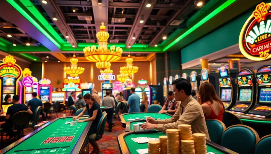 Menggambarkan kasinojitu dengan suasana kasino yang ramai dan permainan menarik.