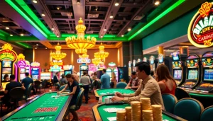 Menggambarkan kasinojitu dengan suasana kasino yang ramai dan permainan menarik.