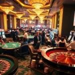 mm88 players enjoying an exciting casino scene with poker chips and roulette tables.