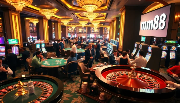 mm88 players enjoying an exciting casino scene with poker chips and roulette tables.