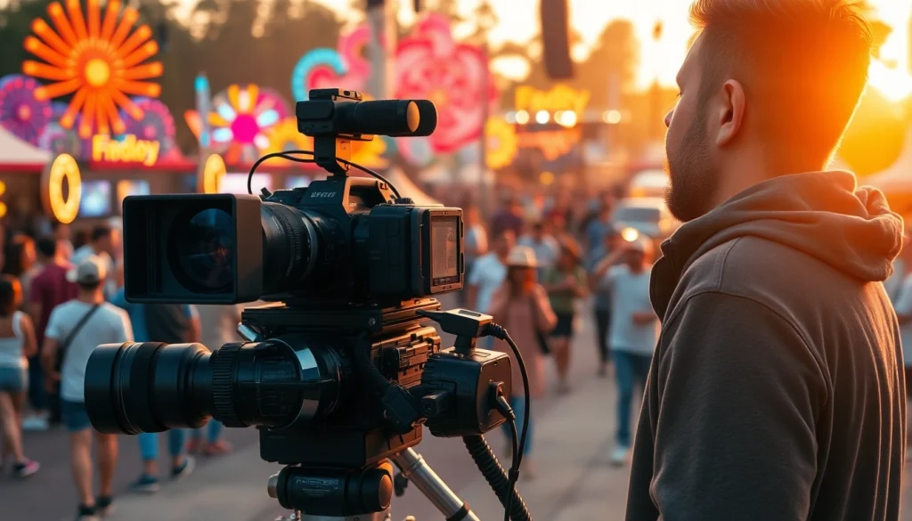 Candid shot of a videographer immersed in Vediography, capturing lively outdoor event moments.