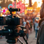 Candid shot of a videographer immersed in Vediography, capturing lively outdoor event moments.