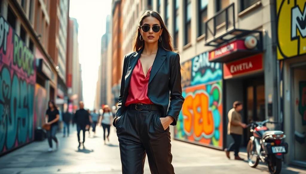 Fashion model representing https://www.northernfashions.com in a vibrant urban setting with street art.