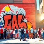 Create a vibrant pop art canvas featuring an urban scene with bold colors and diverse artists creating art.