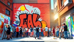 Create a vibrant pop art canvas featuring an urban scene with bold colors and diverse artists creating art.