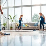 Efficient cleaning service team thoroughly cleaning a bright living room.