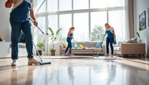 Efficient cleaning service team thoroughly cleaning a bright living room.