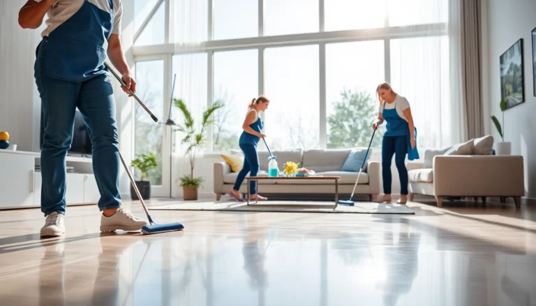 Efficient cleaning service team thoroughly cleaning a bright living room.