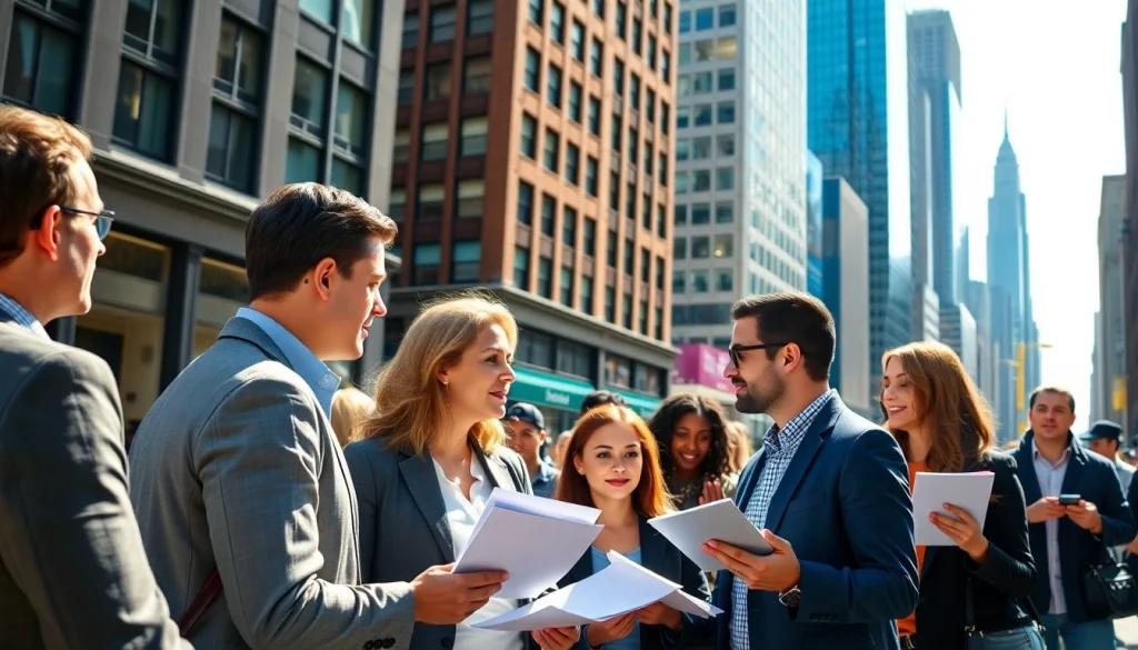 Engaging scene of people networking for jobs new york amidst the vibrant NYC backdrop.