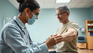 Engaged patient receives personalized care at Health in Motion Rehabilitation clinic.