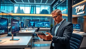 Современная финансовая офисная сцена, подчёркивающая инновационную онлайн-страховую платформу 79king с безопасными цифровыми дисплеями и профессиональной эстетикой