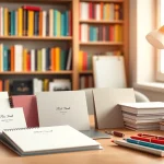 Showcase elegant stationery company products arranged on stylish desk for creative workspace.