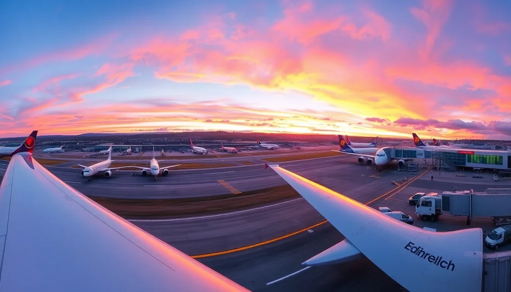 Explore bustling Edinburgh Airport, featuring aircraft on the runway and the modern terminal structure.