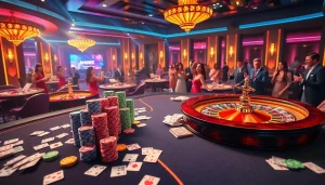 Casino scene illustrating KJC AC 2 through vibrant gaming tables, poker chips, and roulette wheels.