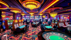 Experience the vibrant gambling world of KJC AC 1 with players enjoying casino tables and slot machines.