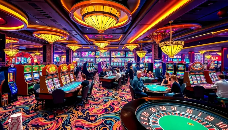 Experience the vibrant gambling world of KJC AC 1 with players enjoying casino tables and slot machines.