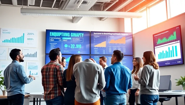 Boost social media engagement through teamwork in a dynamic office setting.