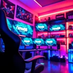 Experience new88 online through an exciting gaming setup with dynamic lighting and multiple screens.