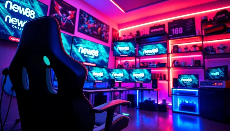 Experience new88 online through an exciting gaming setup with dynamic lighting and multiple screens.