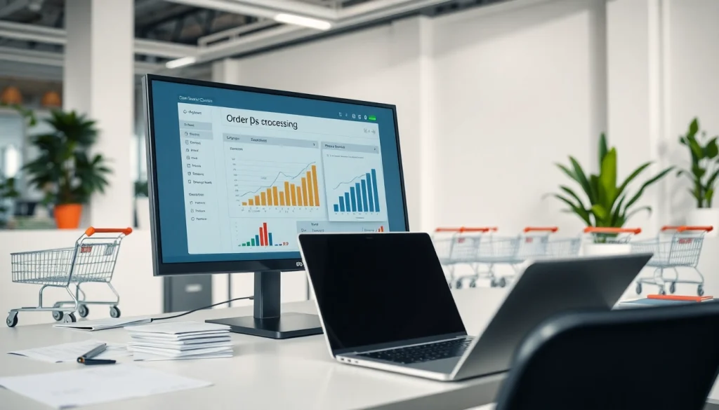 Streamlined order processing software on a sleek monitor in a professional office setting.