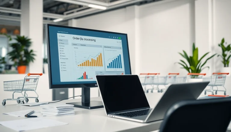 Streamlined order processing software on a sleek monitor in a professional office setting.