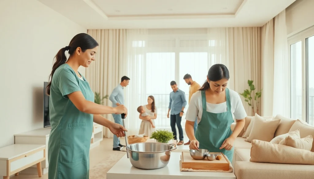 Domestic Helper Dubai providing assistance in a family home, showcasing cleaning activities.
