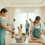 Domestic Helper Dubai providing assistance in a family home, showcasing cleaning activities.