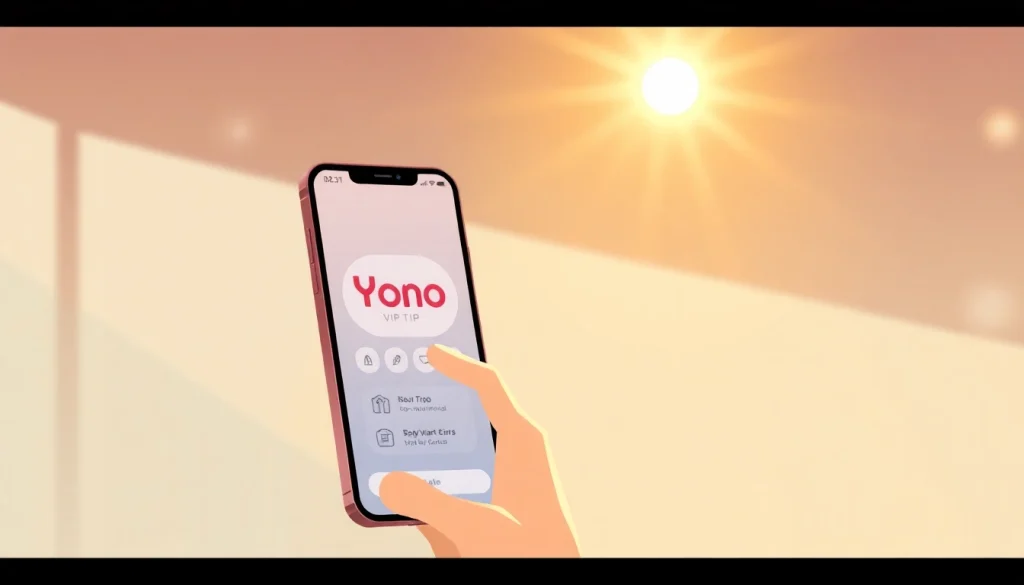 The user engages with the Yono VIP app on a smartphone, showcasing its features and interface.