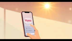 The user engages with the Yono VIP app on a smartphone, showcasing its features and interface.