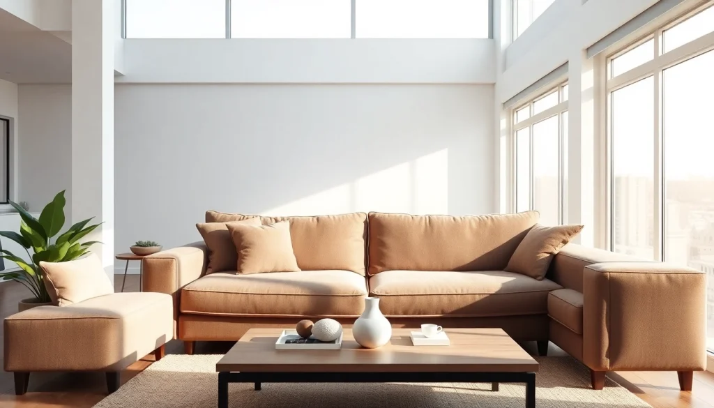 Modern sofa bed in a bright living room, showcasing its inviting design and comfortable features.