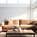 Modern sofa bed in a bright living room, showcasing its inviting design and comfortable features.