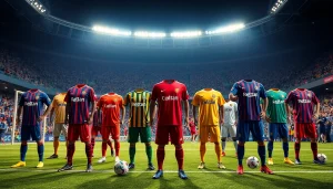 Showcasing vibrant football kits worn by players on a lively pitch with excited fans.